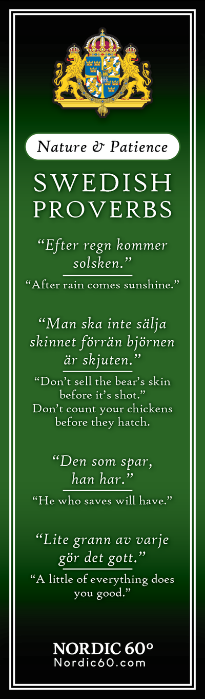 The Bookmark: Swedish Proverbs “Nature & Patience” (2.5" × 8.5") features Swedish sayings on nature and patience, with original text, English translations, and a crest at the top in an infographic style.