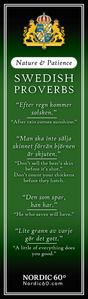 The Bookmark: Swedish Proverbs “Nature & Patience” (2.5" × 8.5") features Swedish sayings on nature and patience, with original text, English translations, and a crest at the top in an infographic style.