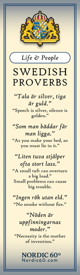 Bookmark: Swedish Proverbs “Life & People” (2.5" × 8.5”) displays Scandinavian wisdom through Swedish proverbs with English translations, under the heading Life & People, plus a Nordic00.com citation—ideal for daily inspiration.