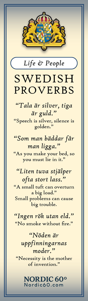 Bookmark: Swedish Proverbs “Life & People” (2.5" × 8.5”) displays Scandinavian wisdom through Swedish proverbs with English translations, under the heading Life & People, plus a Nordic00.com citation—ideal for daily inspiration.