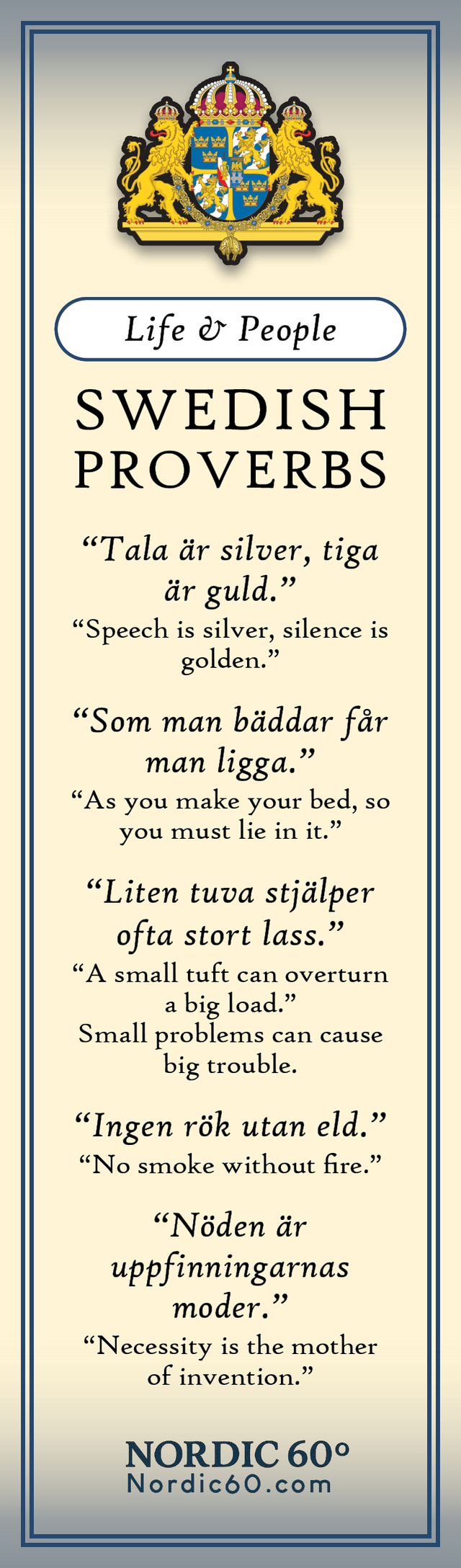 Bookmark: Swedish Proverbs “Life & People” (2.5" × 8.5”) displays Scandinavian wisdom through Swedish proverbs with English translations, under the heading Life & People, plus a Nordic00.com citation—ideal for daily inspiration.