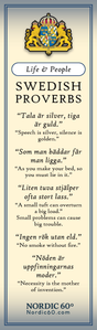 Bookmark: Swedish Proverbs “Life & People” (2.5" × 8.5”) displays Scandinavian wisdom through Swedish proverbs with English translations, under the heading Life & People, plus a Nordic00.com citation—ideal for daily inspiration.