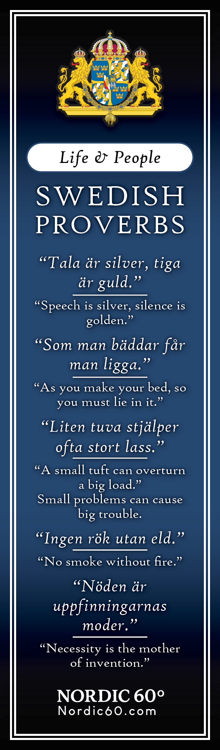 The Bookmark: Swedish Proverbs “Life & People” (2.5" × 8.5") features six Swedish proverbs with English translations on a dark blue background with a crest—ideal as a unique Scandinavian gift or keepsake for lovers of Swedish wisdom.