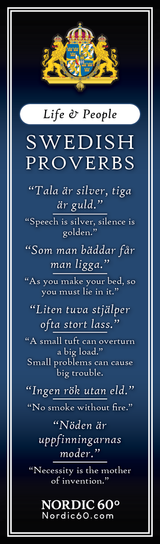 The Bookmark: Swedish Proverbs “Life & People” (2.5" × 8.5") features six Swedish proverbs with English translations on a dark blue background with a crest—ideal as a unique Scandinavian gift or keepsake for lovers of Swedish wisdom.