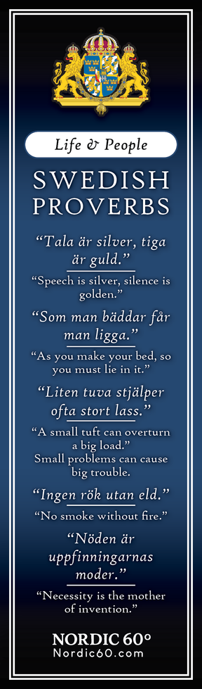 The Bookmark: Swedish Proverbs “Life & People” (2.5" × 8.5") features six Swedish proverbs with English translations on a dark blue background with a crest—ideal as a unique Scandinavian gift or keepsake for lovers of Swedish wisdom.