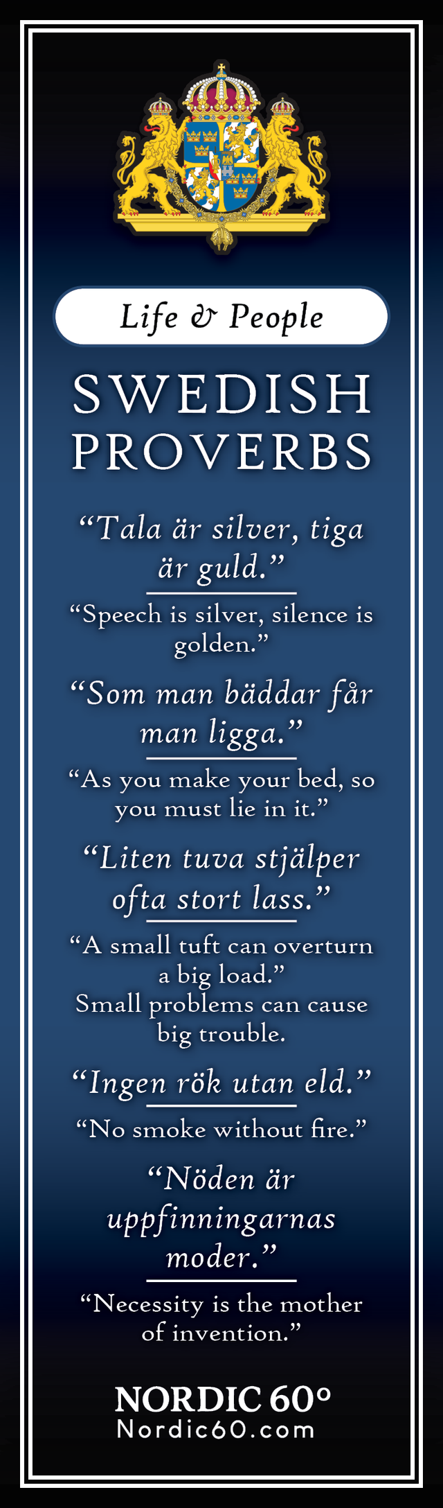 The Bookmark: Swedish Proverbs “Life & People” (2.5" × 8.5") features six Swedish proverbs with English translations on a dark blue background with a crest—ideal as a unique Scandinavian gift or keepsake for lovers of Swedish wisdom.