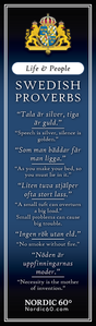 The Bookmark: Swedish Proverbs “Life & People” (2.5" × 8.5") features six Swedish proverbs with English translations on a dark blue background with a crest—ideal as a unique Scandinavian gift or keepsake for lovers of Swedish wisdom.