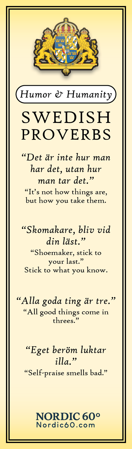 The “Humor & Humanity” Bookmark (2.5" × 8.5") features four Swedish proverbs with English translations, a crest, and celebrates Scandinavian tradition and timeless wisdom.