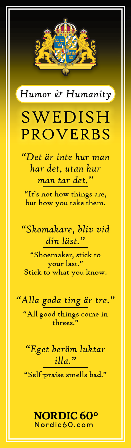 The Bookmark: Swedish Proverbs “Humor & Humanity” (2.5" × 8.5") features Swedish proverbs in both Swedish and English, a crest at the top, and celebrates Scandinavia’s humor and humanity—a unique vertical keepsake.