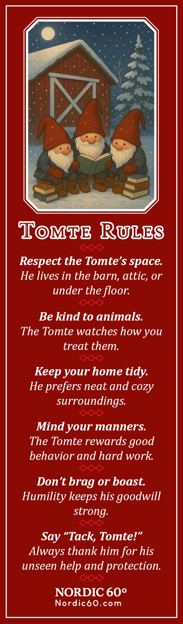 Charming Bookmark: “Tomte Rules” (2.5" × 8.5")—features three gnomes by a barn with Scandinavian-inspired reminders to be tidy, kind to animals, respectful, and say "Tack, Tomte!" Perfect for any Nordic winter collection.