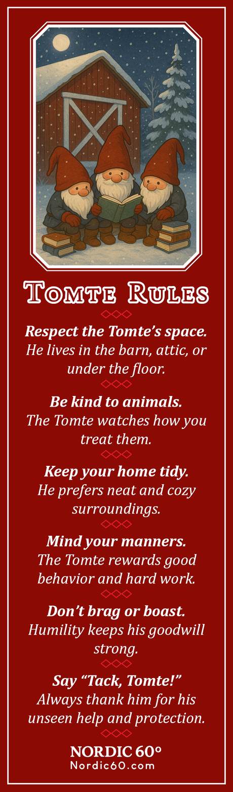 Charming Bookmark: “Tomte Rules” (2.5" × 8.5")—features three gnomes by a barn with Scandinavian-inspired reminders to be tidy, kind to animals, respectful, and say "Tack, Tomte!" Perfect for any Nordic winter collection.