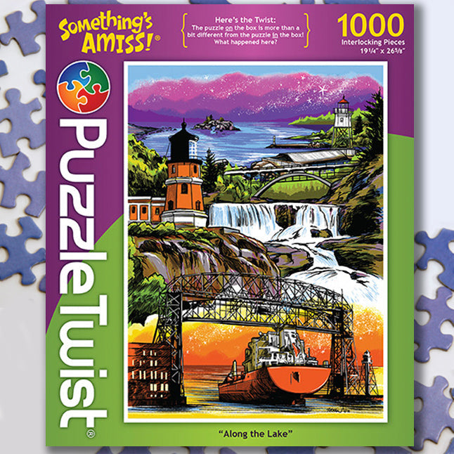 Introducing PuzzleTwist's 1,000-piece puzzle, "Along the Lake," showcasing a vibrant illustration by Adam Turman that includes lighthouses, a serene lake, and a majestic ship.