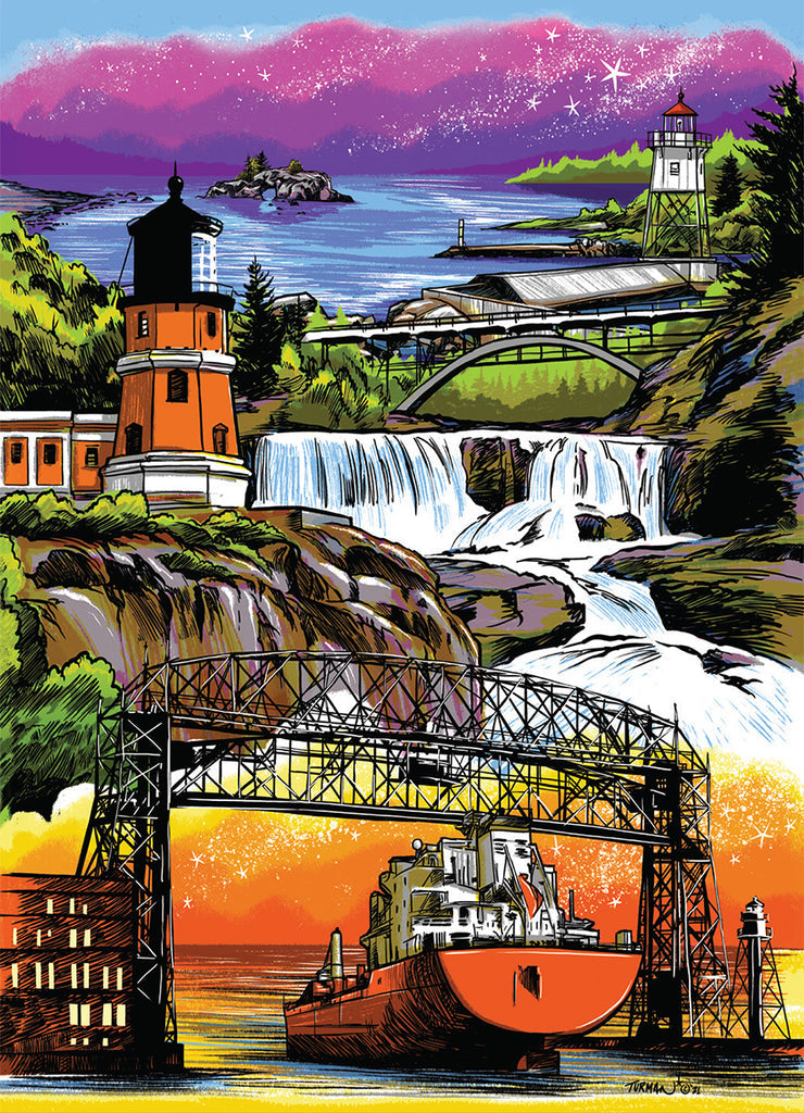 Featuring a vibrant scenic landscape with lighthouses, a bridge, waterfalls, and a ship beneath a colorful sky reminiscent of Adam Turman's illustrations, "Along the Lake" by PuzzleTwist offers puzzle enthusiasts an engaging 1,000-piece challenge.