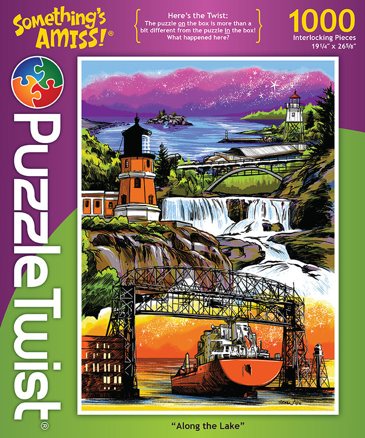 The "PuzzleTwist: Along the Lake" jigsaw puzzle, featuring 1,000 pieces and crafted by Adam Turman, beautifully depicts a scenic landscape with lighthouses, waterfalls, and a ship navigating beneath a bridge, capturing the serenity and charm of waterside wonders.