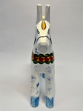 The Dala Horse: Antique Inspired Swedish Dala Horse White with Gray Feet 17cm features a hand-carved design with gray feet, decorative banding, and stands out against a white background.