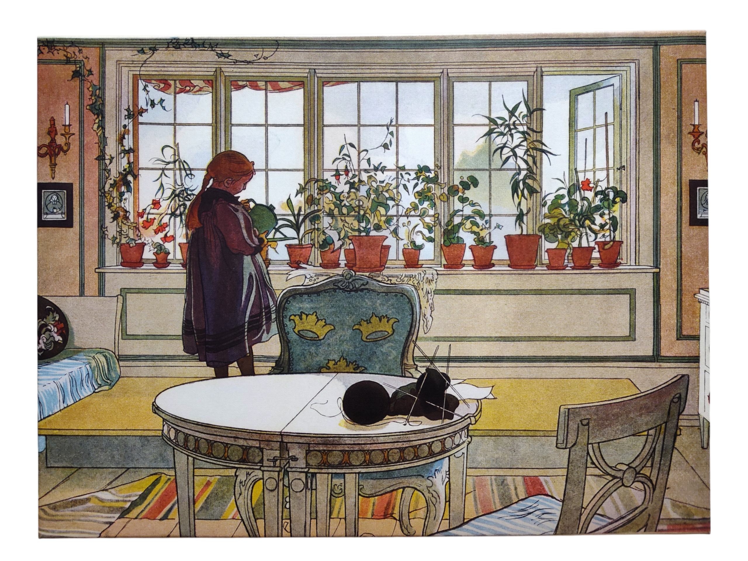 A person arranges potted plants by a sunlit window in a cozy room, echoing the charm of Carl Larsson's "Flowers on the Windowsill" print on canvas, with chairs, a round table, and yarn adding Swedish artistry.