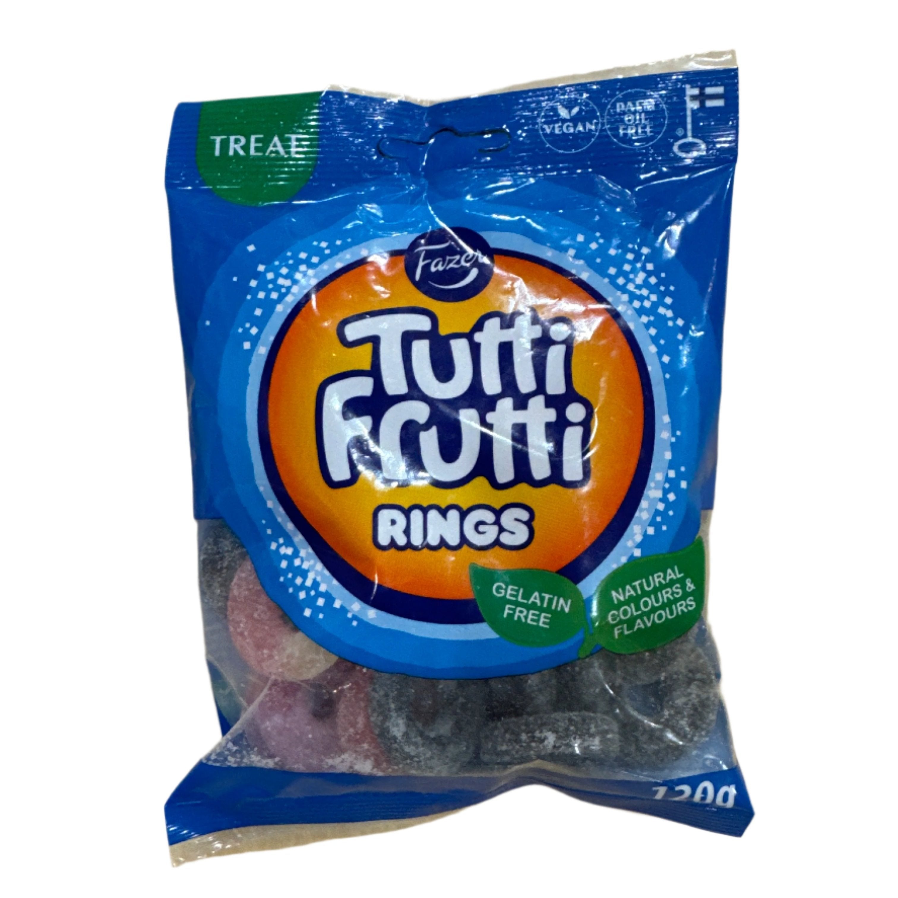 Blue package of Fazer Tutti Frutti Rings (120g), labeled as vegan and gelatin-free, featuring natural colors and flavors.