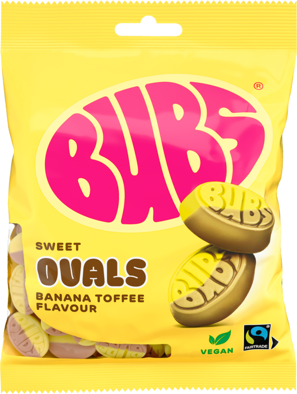 A 90g bag of Faire - Stock Boy Candy: Bubs Foam Banana Toffee Ovals vegan gummy candy. The yellow and pink packaging features oval banana toffees and displays vegan and Fairtrade logos in the bottom right corner.