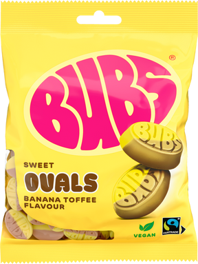 A 90g bag of Faire - Stock Boy Candy: Bubs Foam Banana Toffee Ovals vegan gummy candy. The yellow and pink packaging features oval banana toffees and displays vegan and Fairtrade logos in the bottom right corner.