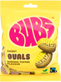 A 90g bag of Faire - Stock Boy Candy: Bubs Foam Banana Toffee Ovals vegan gummy candy. The yellow and pink packaging features oval banana toffees and displays vegan and Fairtrade logos in the bottom right corner.