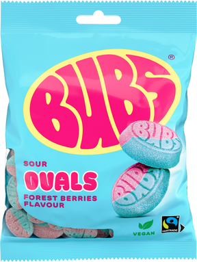A 90g bag of Candy: Bubs Sour Foam Forest Berries Ovals from Faire - Sweet as Fudge. This vegan gummy candy comes in blue packaging with pink/yellow branding, images of sour ovals, and vegan plus Fairtrade logos at the bottom.