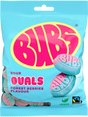 A 90g bag of Candy: Bubs Sour Foam Forest Berries Ovals from Faire - Sweet as Fudge. This vegan gummy candy comes in blue packaging with pink/yellow branding, images of sour ovals, and vegan plus Fairtrade logos at the bottom.