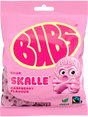 A 90g bag of Faire - Sweet as Fudge Candy: Bubs Sour Foam Raspberry Skulls, a vegan gummy with raspberry flavor. The pink pack features Fairtrade and vegan symbols and a large yellow-pink Bubs logo with a pink skull candy illustration.