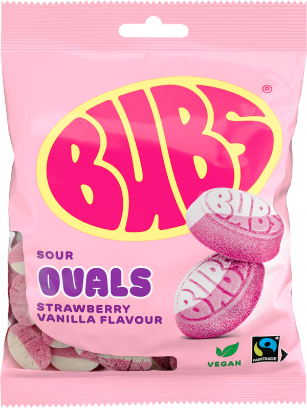 Candy: Bubs Sour Foam Strawberry Vanilla Ovals | Vegan Gummy Candy (90g Bag)