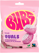 A pink and white bag of Faire - Stock Boy's Bubs Sour Foam Strawberry Vanilla Ovals Vegan Gummy Candy (90g) displays the sweets on the front and highlights that it’s vegan, gelatin-free, and Fairtrade.