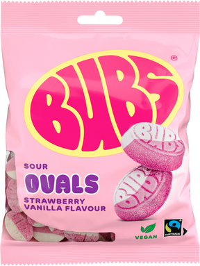 A pink and white bag of Faire - Stock Boy's Bubs Sour Foam Strawberry Vanilla Ovals Vegan Gummy Candy (90g) displays the sweets on the front and highlights that it’s vegan, gelatin-free, and Fairtrade.