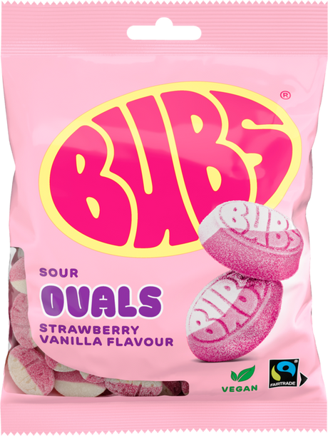 A pink and white bag of Faire - Stock Boy's Bubs Sour Foam Strawberry Vanilla Ovals Vegan Gummy Candy (90g) displays the sweets on the front and highlights that it’s vegan, gelatin-free, and Fairtrade.