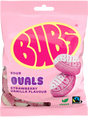 A pink and white bag of Faire - Stock Boy's Bubs Sour Foam Strawberry Vanilla Ovals Vegan Gummy Candy (90g) displays the sweets on the front and highlights that it’s vegan, gelatin-free, and Fairtrade.
