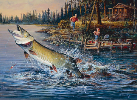 Jigsaw puzzle showing a large fish leaping from a lake near a dock with two people watching, and a cabin and forest visible in the background.