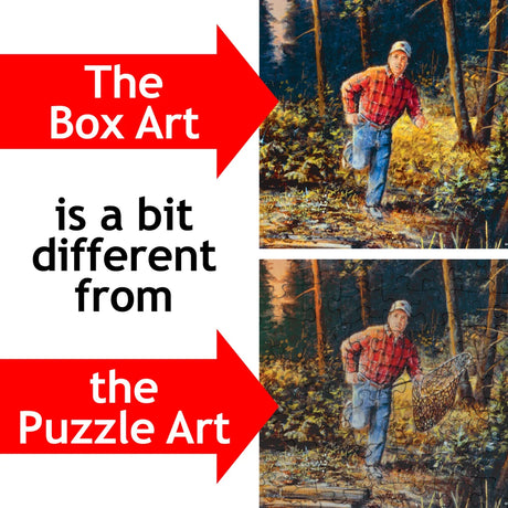 Two images; both show a man running in a forest. The top is labeled Box Art, the bottom PuzzleTwist jigsaw puzzle art, with small visual changes indicated by red arrows.