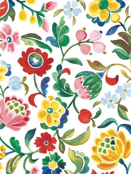 Experience the vibrant charm of Skandisk’s Card Pack: Blomma Notecards by Kirsten Sevig, featuring four unique designs of colorful watercolor florals in red, yellow, pink, and blue with lush green leaves on crisp white. The dense and lively patterns bring a cheerful Scandinavian touch to each notecard—perfect for brightening someone’s day. This set includes 8 cards (2 each of 4 designs), 8 envelopes, and a handy card folder, all crafted with recycled paper for an eco-friendly choice in stationery.