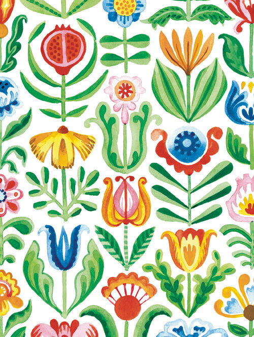 Elevate your correspondence with the Card Pack: Blomma Notecards by Kirsten Sevig from Skandisk, featuring hand-painted, colorful and symmetrical floral patterns in a variety of vibrant shapes arranged vertically on a white background—ideal for those who appreciate Scandinavian-inspired notecards printed on recycled paper. Each set includes 4 unique designs, 8 cards, matching envelopes, and a convenient card folder.