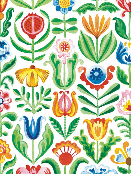 Elevate your correspondence with the Card Pack: Blomma Notecards by Kirsten Sevig from Skandisk, featuring hand-painted, colorful and symmetrical floral patterns in a variety of vibrant shapes arranged vertically on a white background—ideal for those who appreciate Scandinavian-inspired notecards printed on recycled paper. Each set includes 4 unique designs, 8 cards, matching envelopes, and a convenient card folder.