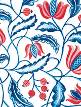 The Card Pack: Blomma Notecards by Kirsten Sevig from Skandisk features a Scandinavian-inspired floral pattern with red and blue stylized flowers, berries, and leaves on a white background, accented by flowing curved stems and decorative detailing—perfect for adding an elegant touch to your stationery collection. This set includes 8 cards in 4 unique designs, along with matching envelopes and a card folder.