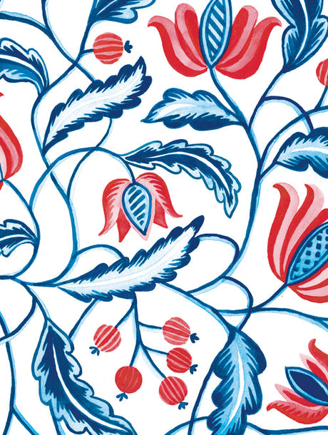 The Card Pack: Blomma Notecards by Kirsten Sevig from Skandisk features a Scandinavian-inspired floral pattern with red and blue stylized flowers, berries, and leaves on a white background, accented by flowing curved stems and decorative detailing—perfect for adding an elegant touch to your stationery collection. This set includes 8 cards in 4 unique designs, along with matching envelopes and a card folder.
