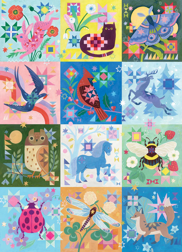 PuzzleTwist: Quilted Critters Puzzle - 500 Pieces by Mirka Hokkanen features twelve vibrant illustrations of animals and insects among geometric shapes and quilt patterns—perfect for puzzle enthusiasts.