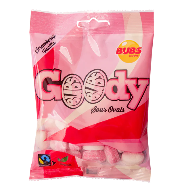 The Bundle: Bubs Goody 4-Pack Bundle – The Ultimate Swedish Sour & Sweet Mix features a selection of Swedish candies with Fairtrade sugar, including pink and white strawberry vanilla sour ovals in a clear and pink package.