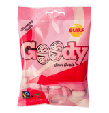The Bundle: Bubs Goody 4-Pack Bundle – The Ultimate Swedish Sour & Sweet Mix features a selection of Swedish candies with Fairtrade sugar, including pink and white strawberry vanilla sour ovals in a clear and pink package.