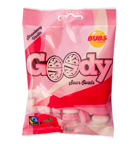 The Bundle: Bubs Goody 4-Pack Bundle – The Ultimate Swedish Sour & Sweet Mix features a selection of Swedish candies with Fairtrade sugar, including pink and white strawberry vanilla sour ovals in a clear and pink package.