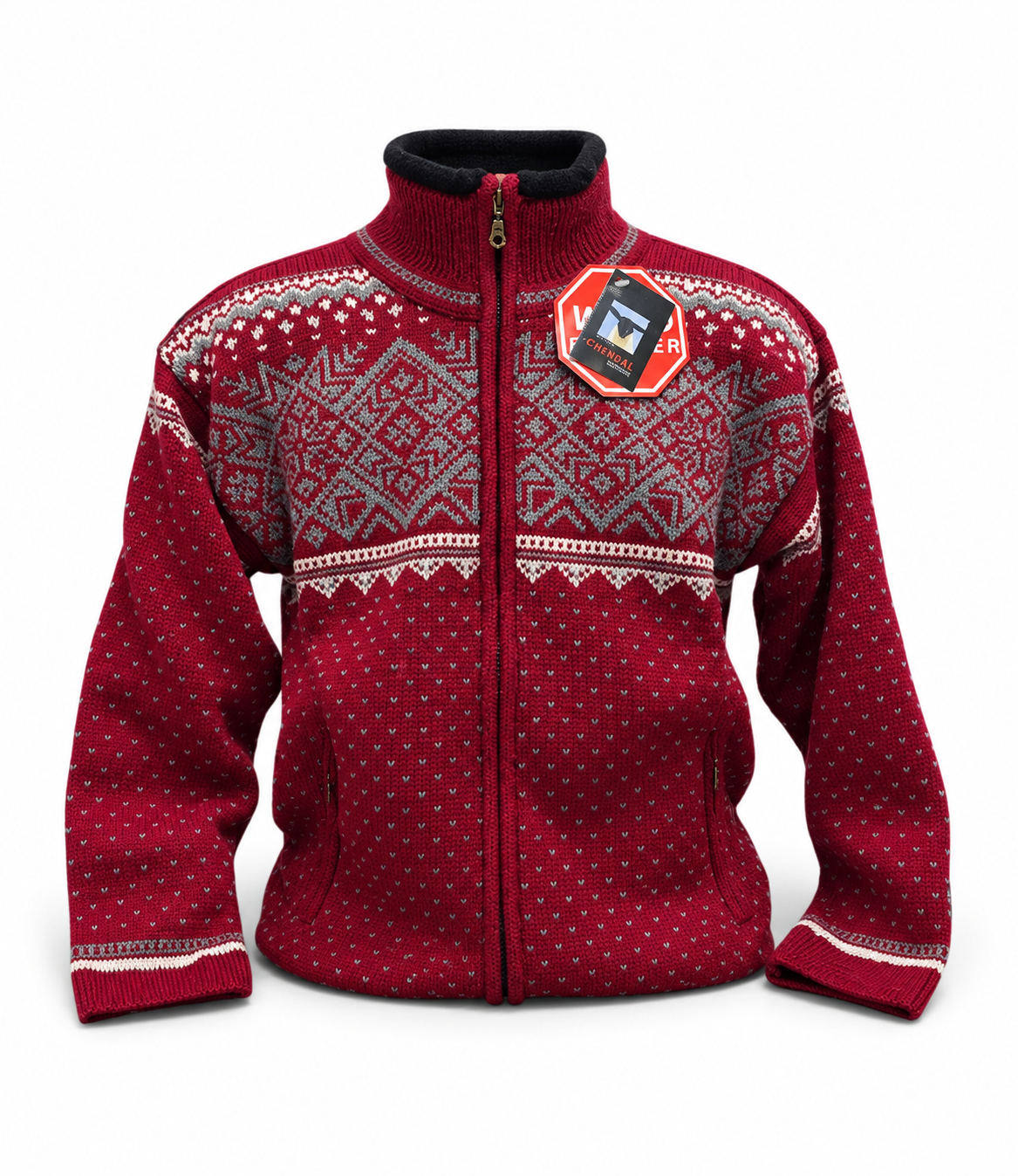 Red zip-up sweater with a grey and white Nordic patterned yoke and a black mock collar.