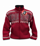 Red zip-up sweater with a grey and white Nordic patterned yoke and a black mock collar.
