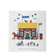 Artistic depiction of a classic Swedish home featuring a yellow roof, national flag, and local animals. The scene includes a bicycle, chairs, and a traditional Dala horse next to the ultra-absorbent Dish Cloth: Sweden Red House. Birds soar overhead.