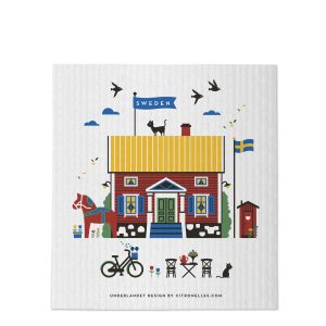 Artistic depiction of a classic Swedish home featuring a yellow roof, national flag, and local animals. The scene includes a bicycle, chairs, and a traditional Dala horse next to the ultra-absorbent Dish Cloth: Sweden Red House. Birds soar overhead.