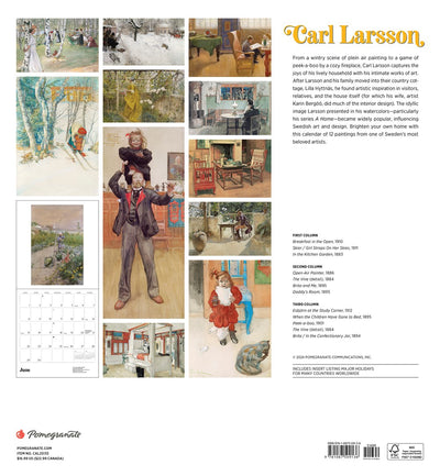 Calendar titled "Splendor of Sweden 2025" showcasing a collage of Carl Larsson's artwork with diverse scenes and characters, paired with a calendar layout on the bottom left. Ideal for celebrating Swedish holidays all year round.