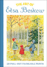 The cover of the Book: Art of Elsa Beskow 20 - Pull-Out Frameable Prints beautifully showcases vintage illustrations, featuring three children in a forest decorated with autumn leaves. This enchanting scene perfectly captures the whimsical essence of Elsa Beskow's prints, making it ideal for those looking to add frameable prints to their collection.