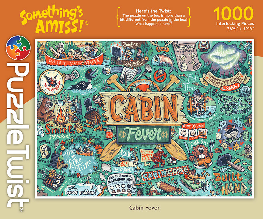 PuzzleTwist: Cabin Fever by Kevin Cannon is a 1000-piece jigsaw puzzle from the Somethings Amiss! series, featuring a lively, colorful cabin scene full of surprises and details for an engaging puzzling experience.
